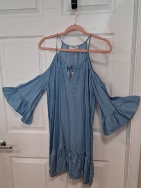 Umgee Light Blue Ruffle Cold-Shoulder Dress